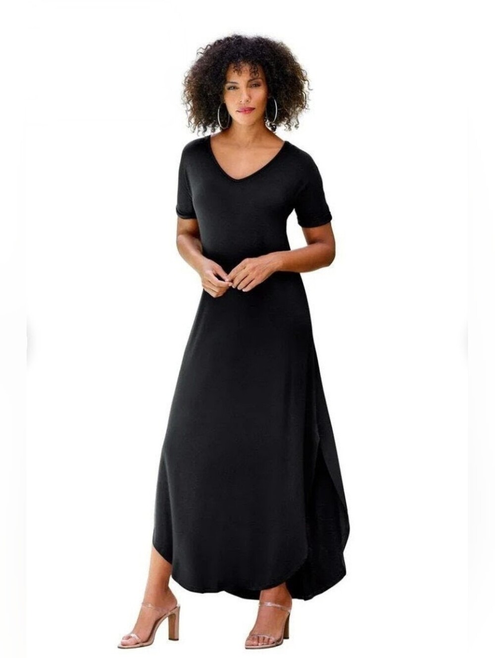 Masseys XL Black V-Neck‎ T-Shirt Maxi Dress | Curved Hem